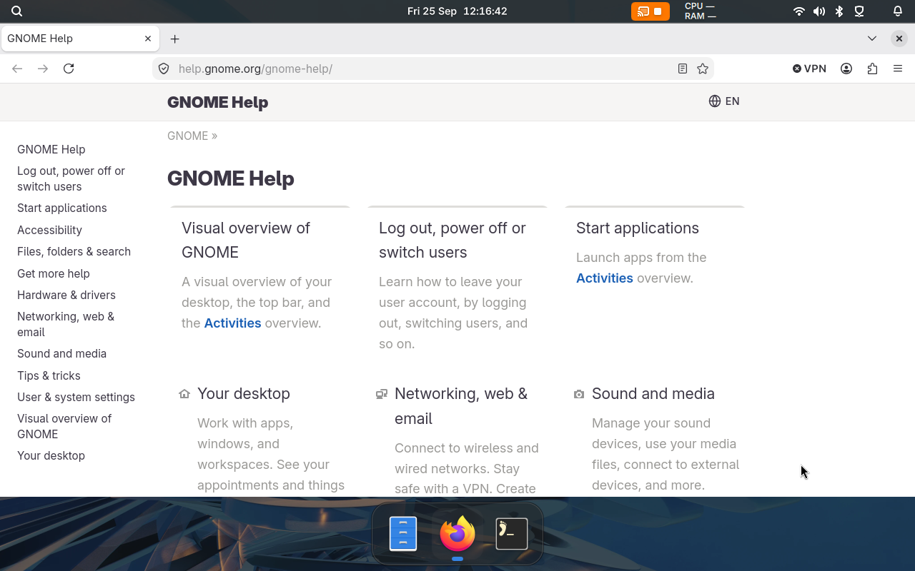 Bingux panel and dock with Files, Firefox and Foot in a Gnoblin session