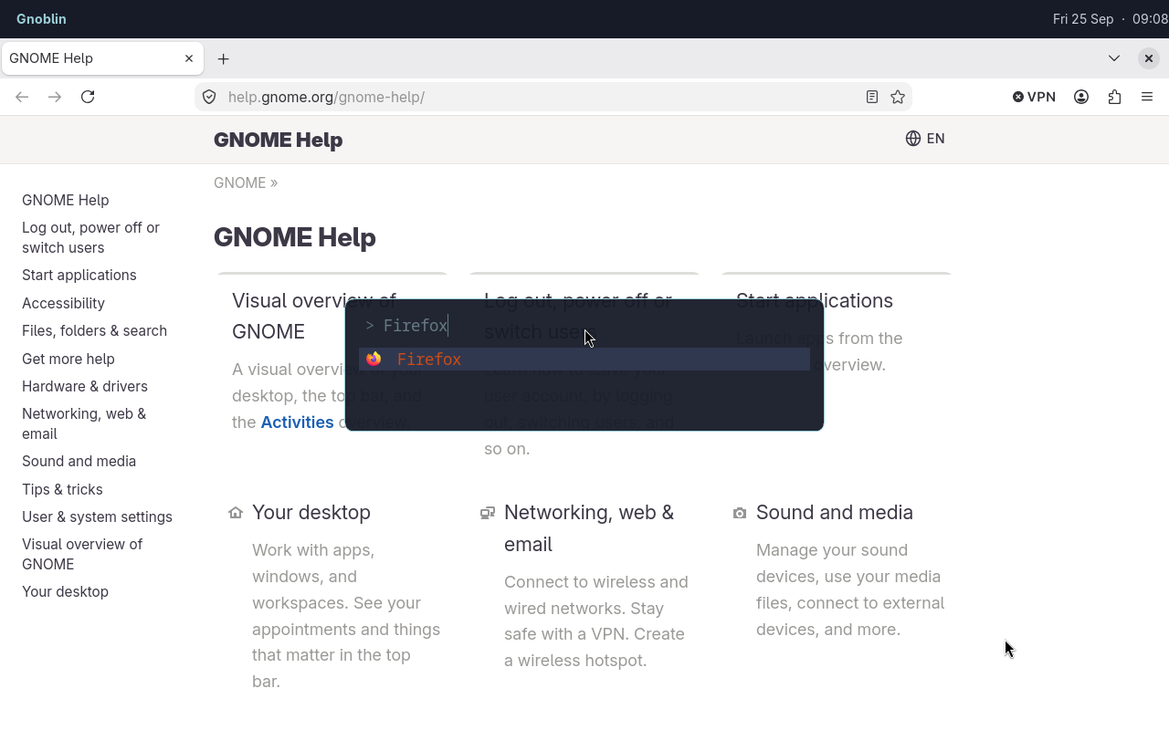 Fuzzel searching for Firefox on a clean Waybar desktop, with the pointer visible