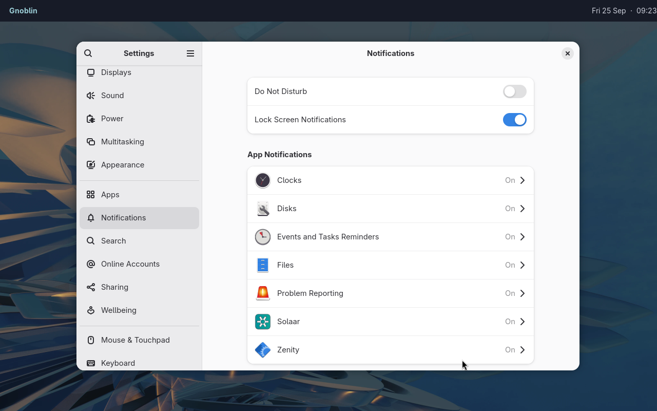 GNOME notification settings open under Waybar in a clean Gnoblin session