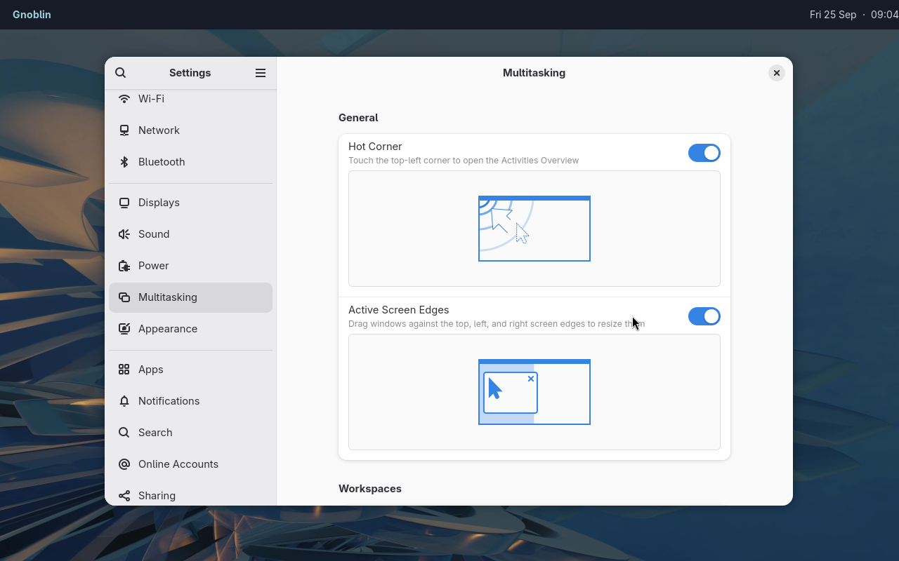 GNOME Settings beneath Waybar in a clean Gnoblin devkit session
